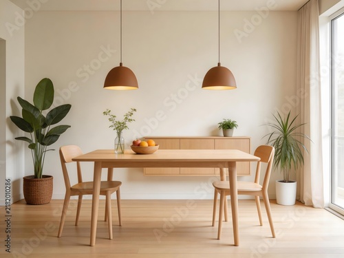 Minimalist dining room with wooden table two chairs pendant lights and potted plants near large window