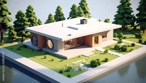 Modern house with green lawn and trees.