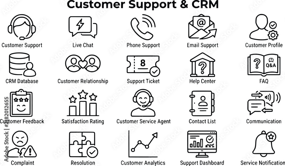 Fototapeta premium Customer Support and CRM Icon Set, 20 Professional Business Service Line Icons, Customer Relationship Management Vector Graphics for Web and Apps