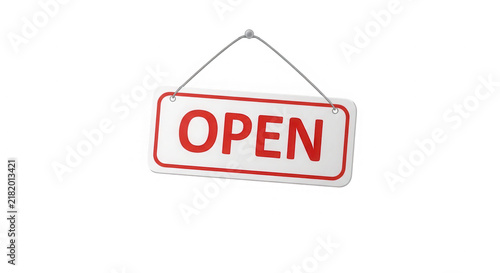 Red and white open sign hanging for business shop entrance isolated on transparent background