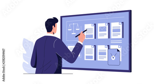 Legal Professional Managing Digital Documents and Compliance on Virtual Screen with Scales of Justice Icon, Business Law and Data Analysis Concept Illustration