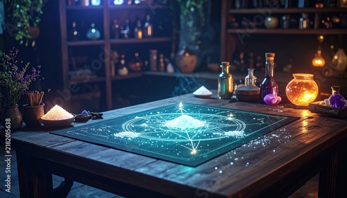 Mystic table with glowing blue runes.