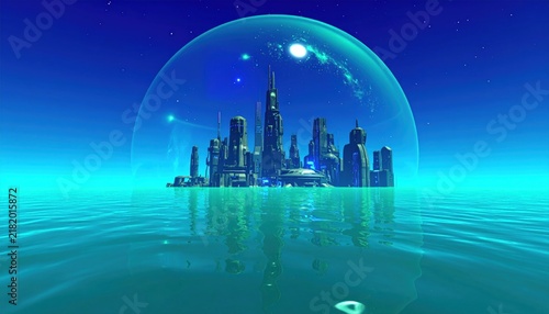 Futuristic cityscape in a bubble underwater.