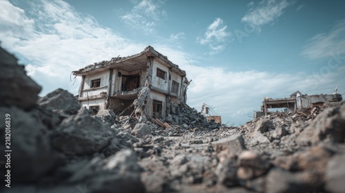 Tapety artystyczne Destroyed building amidst rubble under cloudy sky