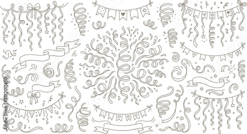 Bild auf Leinwand Hand drawn party streamers and confetti set, festive doodle bunting and ribbons