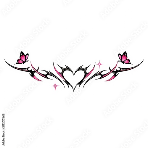 Y2K Tribal Heart with Pink Butterflies Tattoo Design Vector
