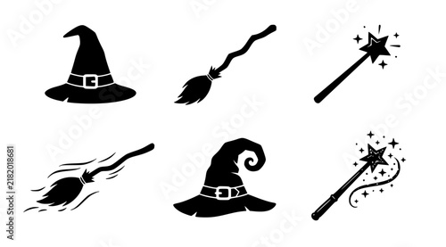 Witch Hat Broom and Magic Wand Black Silhouette Halloween Vector Set