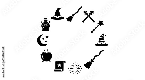 Halloween Witch Broom Hat and Magic Wand Silhouette Icon Vector Collection