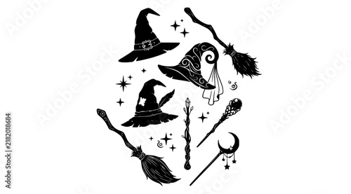 Magical Witch Hat Broomstick and Wand Silhouette Collection Vector