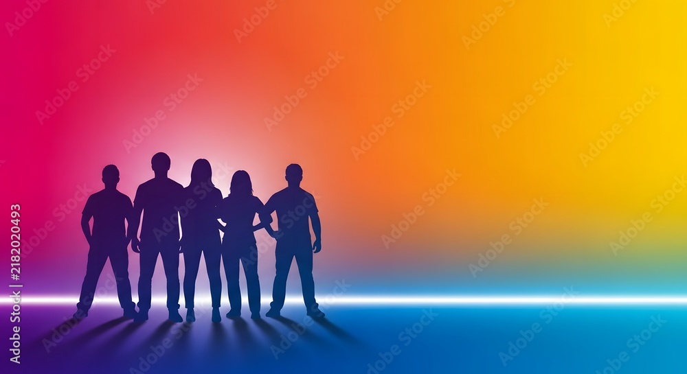 Fototapeta premium Group Silhouettes on Vibrant Gradient Background with Copy Space 