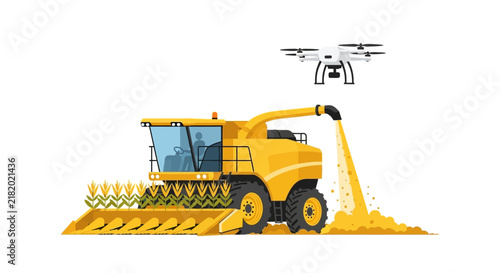 Smart Farming Concept: Yellow Combine Harvester with Agricultural Drone for Precision Agriculture Vector Illustration