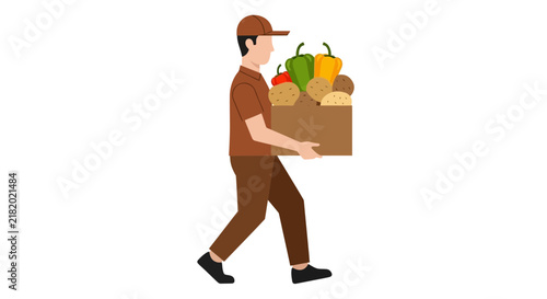 Delivery Courier Carrying a Box of Fresh Vegetables and Groceries, Flat Vector Illustration of Food Service Worker Shipping Organic Produce