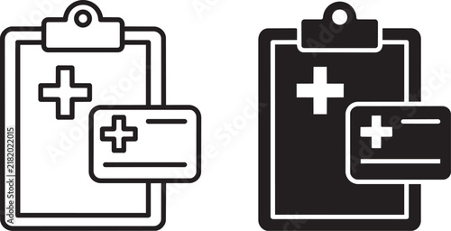 Art & Illustration, Clipboard document with medical cross and insurance card icon representing healthcare coverage and policy claims.