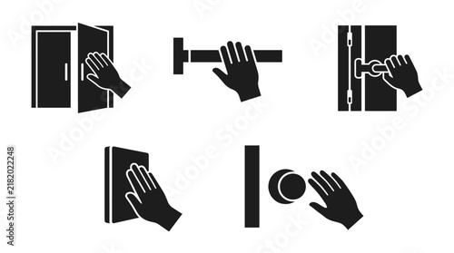Set of black icons showing hands interacting with different objects and doors