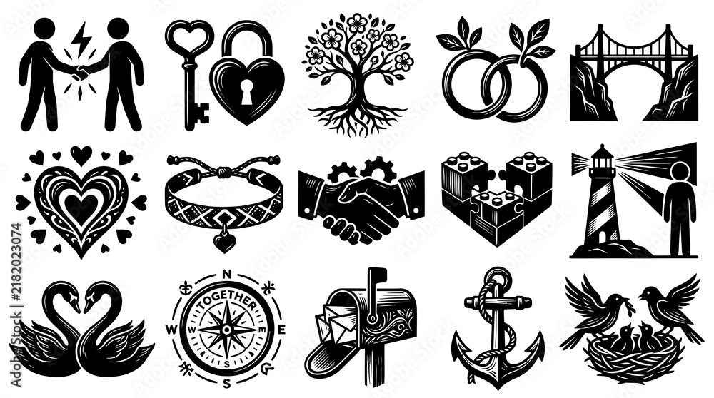 Fototapeta premium Black and White Vector Icons of Love and Partnership Symbols, Vector Art