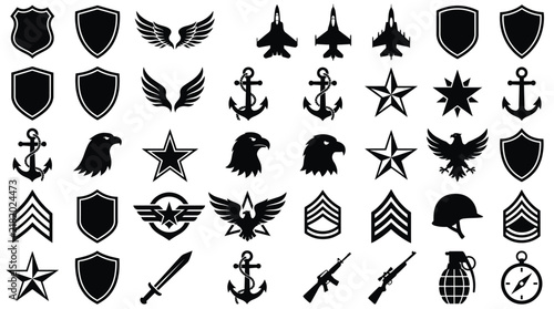 Photography Set of military icons and symbols including shields, eagles, anchors, stars, wea