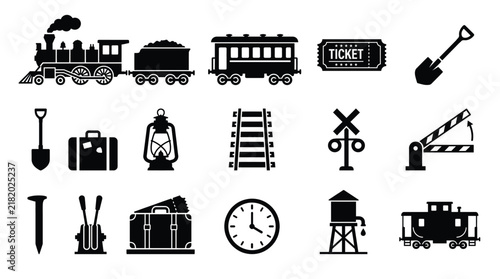 Set of vintage railway and train travel icons including locomotive, passenger car, ticket, shovel, lantern, tracks, crossing sign, gate, suitcase, clock, water tower, and caboose