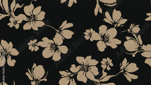Floral seamless pattern features brown magnolia flowers silhouettes on a dark blue background. The flowers have a painterly, slightly abstract quality