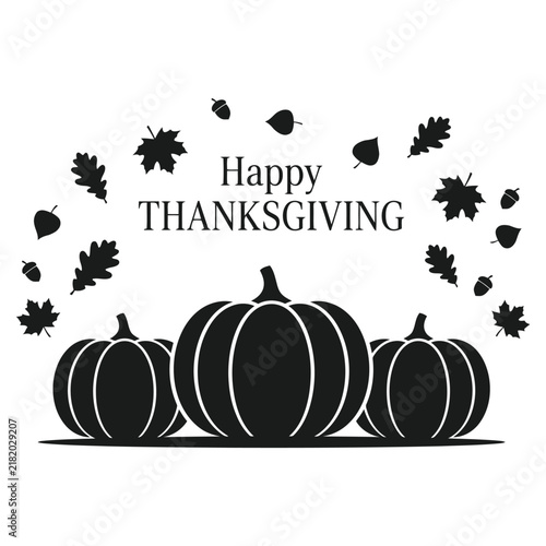 Happy Thanksgiving Typography with Autumn Leaves and Pumpkin, Fall Harvest silhouette Vector Illustration