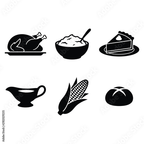 Thanksgiving Dinner Food Icons with Roasted Turkey, Mashed Potatoes and Pie, Black Silhouette Vector Illustration