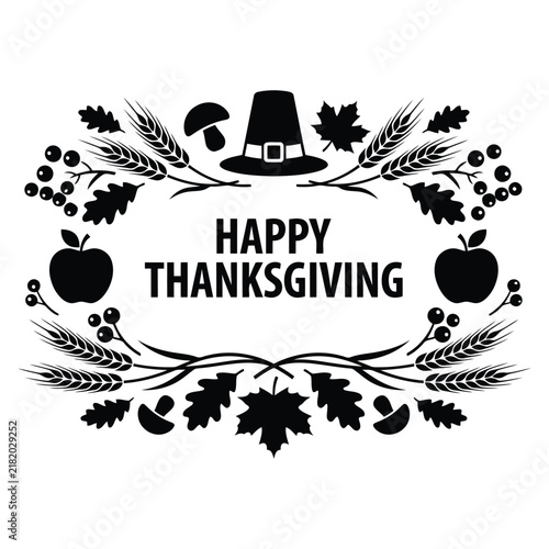 Happy Thanksgiving Decorative Frame with Autumn Leaves, Pumpkin and Pilgrim Hat Vector Illustration.
