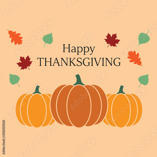 Happy Thanksgiving Greeting with Colorful Pumpkins and Autumn Leaves, Fall Holiday Vector Illustration