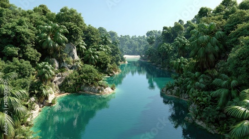 Tranquil Jungle River: A serene turquoise river winds through a lush, vibrant jungle landscape, bordered by dense green foliage and ancient trees under a clear blue sky.