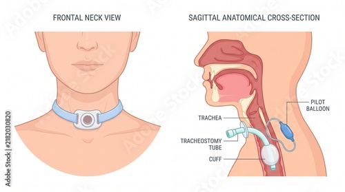 Otolaryngology: Tracheostomy tube anatomy diagram shows neck placement, cuff, and pilot balloon