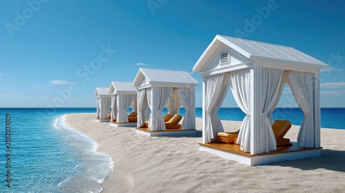 Tropical Beach Cabanas: Luxurious white cabanas with draped curtains line a pristine white sand beach, offering a serene escape by the crystal-clear turquoise ocean under a vibrant blue sky.