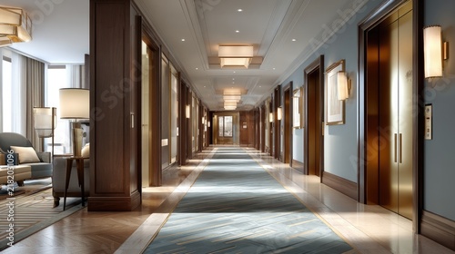 Elegant Hotel Corridor: A long, well-lit hotel corridor with multiple doors, elegant lighting fixtures, and a plush carpet runner creates an atmosphere of refined luxury and sophistication.