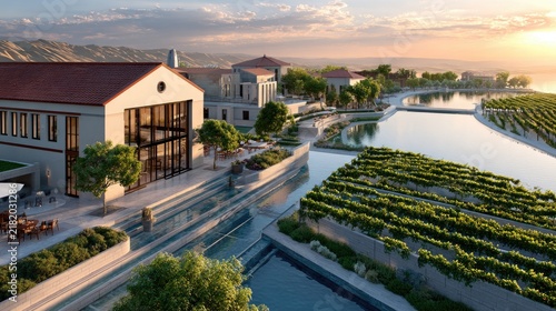 Vineyard Resort at Sunset: A modern resort with architectural buildings and manicured vineyards lines tranquil waterways, reflecting the warm hues of the setting sun.