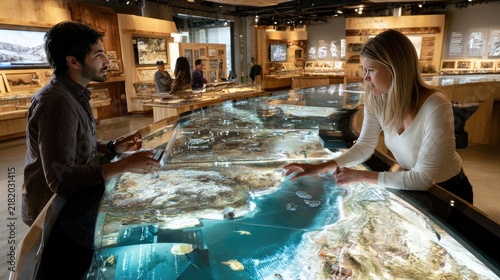 Interactive Exhibit Exploration: A man and a woman engage with a large, illuminated interactive display, resembling a topographical map, in a museum setting.