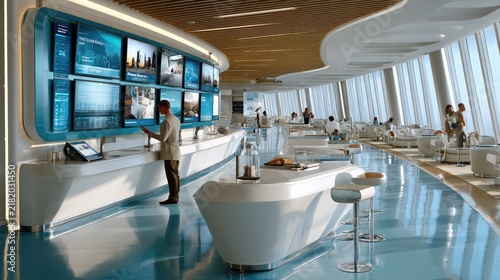 Futuristic Control Room: A sleek, modern control room features multiple large screens displaying data and cityscapes, with a lone figure interacting with a console, embodying a high-tech environment.