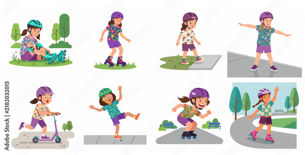 Fototapeta premium Cute Little Girl Learning to Roller Skate and Ride a Scooter Vector Illustration Set