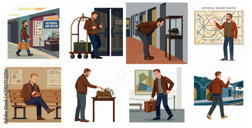Bild auf Leinwand Set of vector illustrations of a man traveling and exploring historical railway