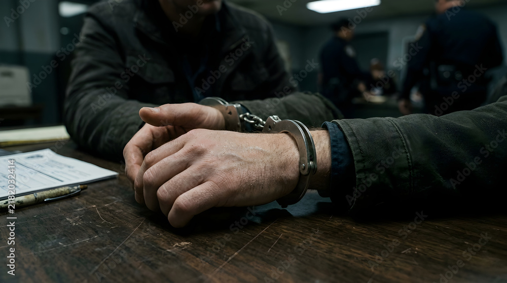 Fototapeta premium A cinematic close-up of a handcuffed man sitting indoors, showing a detained suspect in custody.