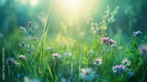 Nature background. Beautiful summer meadow background. Inspirational nature, field of flowers with a bright sun shining on them. flowers are yellow and pink. Scene is cheerful and peaceful