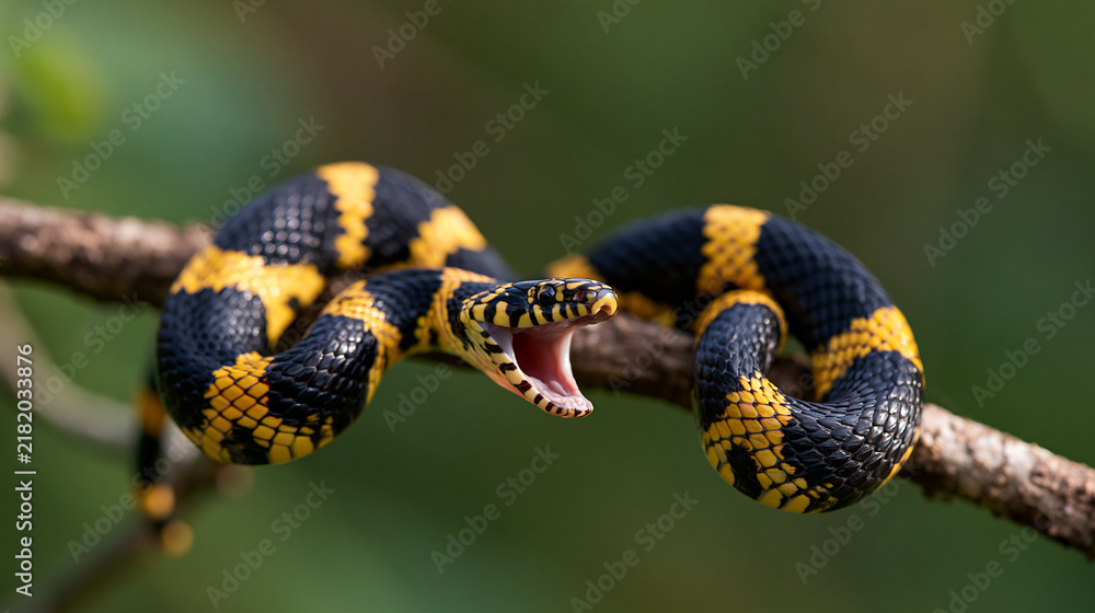 Obraz premium Black and Yellow Banded Snake Coiled on a Tree Branch