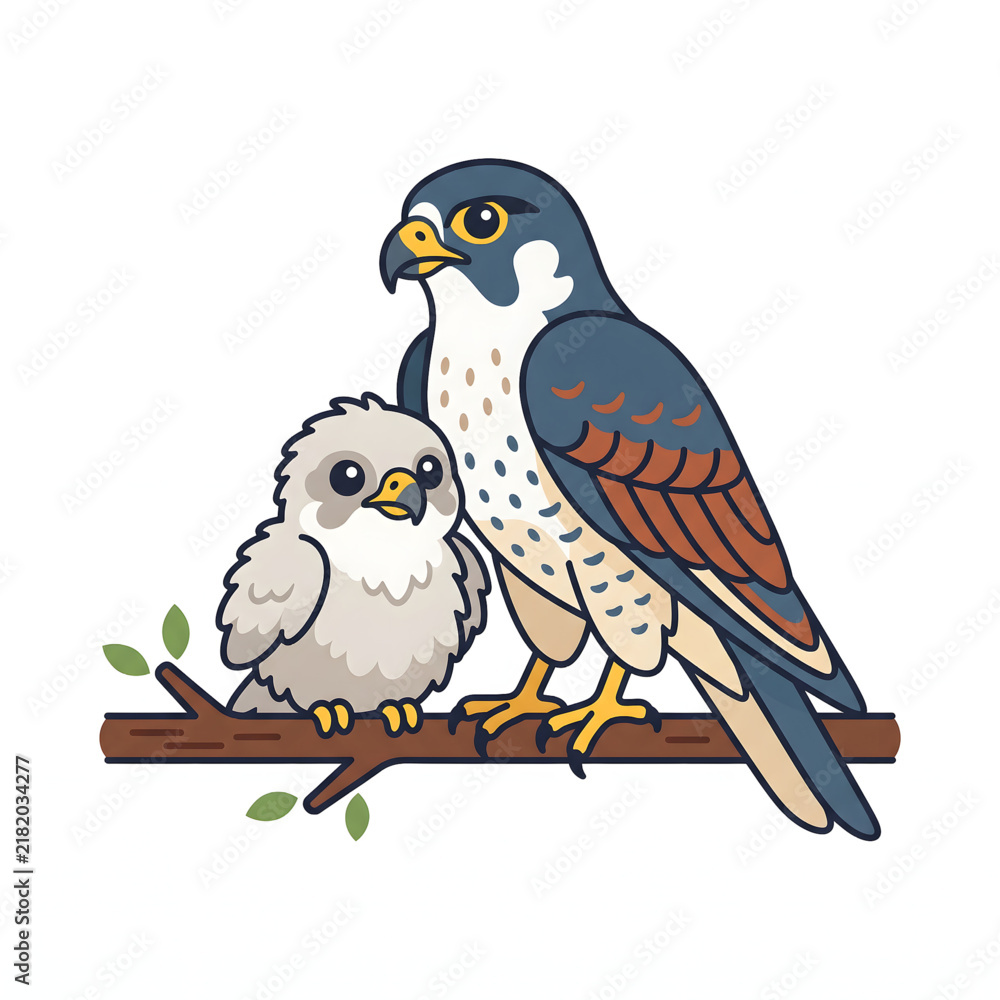Fototapeta premium Cute cartoon peregrine falcon parent and baby chick sitting together on a tree branch