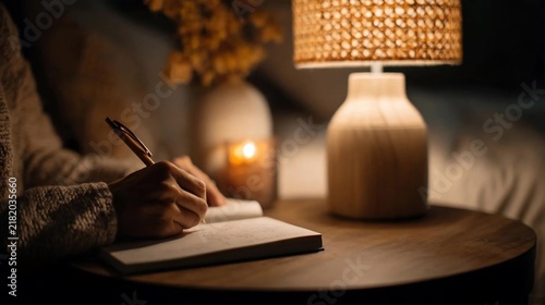 Person writing in a notebook on a wooden table beside a glowing lamp Hand