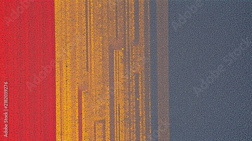 Bold hues of red orange and gray interact on a textured surface creating an abstract representation of rhythm and movement in contemporary art