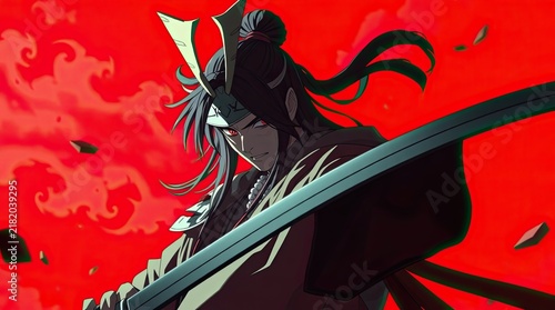 A fierce warrior holds a gleaming sword ready for an imminent clash. The vibrant red background enhances the intensity of the moment and atmosphere
