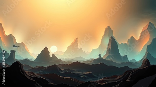 Surreal landscape showcases dramatic mountains and valleys illuminated by a warm sunrise with a solitary figure silhouetted against the horizon
