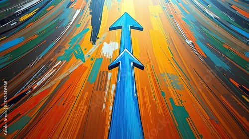 Two bold blue arrows direct upward through a swirl of vibrant colors representing movement and energy in an abstract design on a textured surface