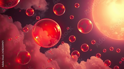 Red bubbles drift through a vivid sky filled with soft clouds as the sun sets creating a dreamy and surreal ambiance perfect for imaginative exploration