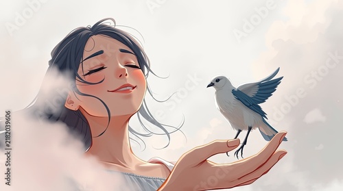 A woman joyfully gazes at a small blue bird perched on her outstretched hand surrounded by fluffy clouds during a serene moment