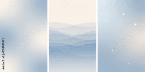 Set of three vertical backgrounds with soft blue gradient waves and subtle glowing starry particles