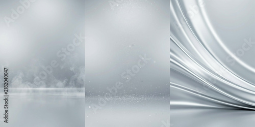 Silver metallic waves and foggy atmosphere on a clean white background, for product, display settings
