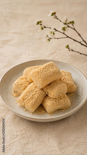 Injeolmi tradicional coreano, pasteles de arroz con polvo de soja en ambiente rústico elegante