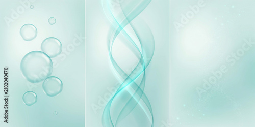 Soft aqua blue background, with transparent bubbles, and flowing wavy, lines for fresh, water concept